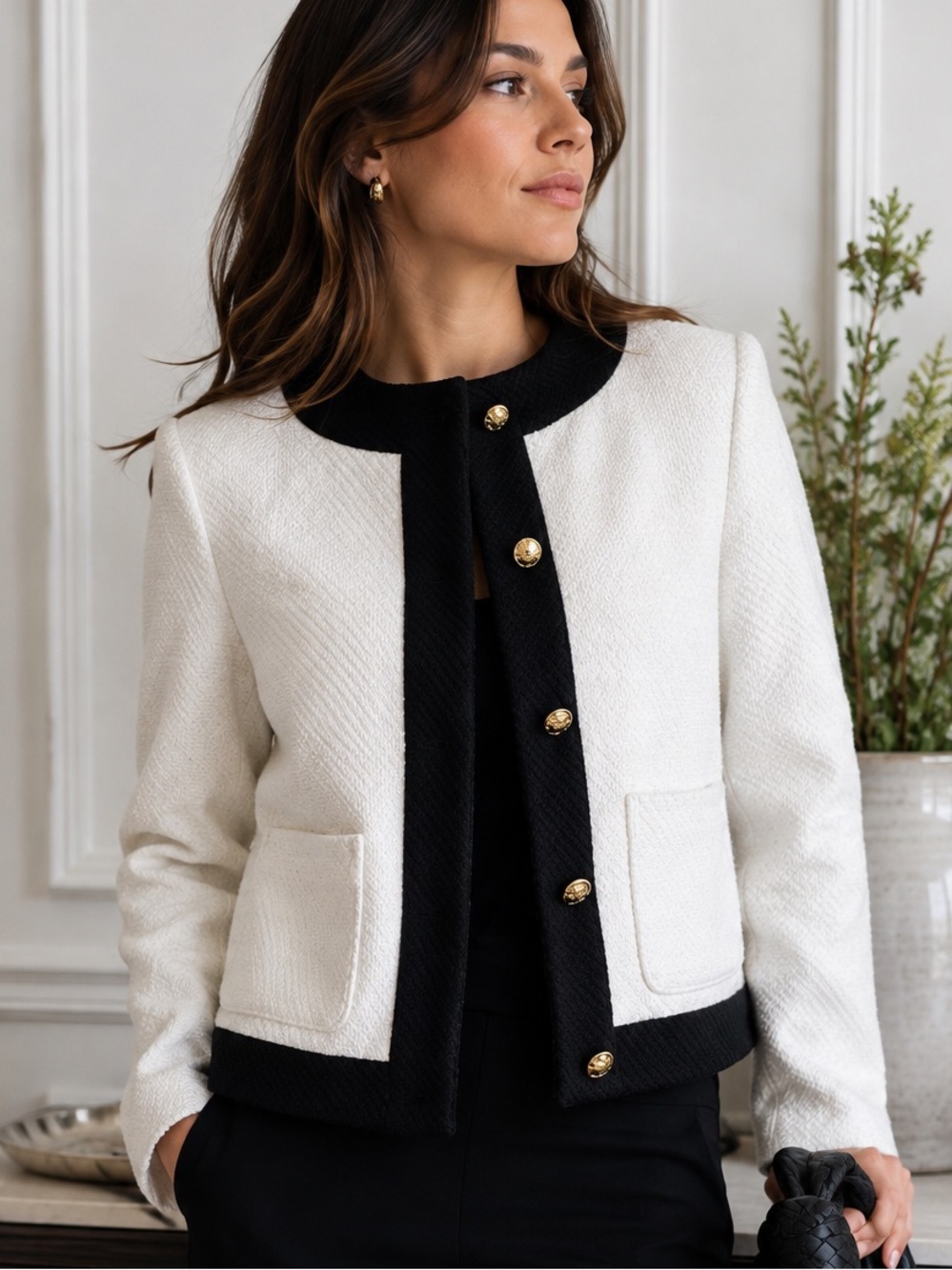 J.Crew Factory Lady Jacket Size 6 Black White Textured Gold Buttons Cropped